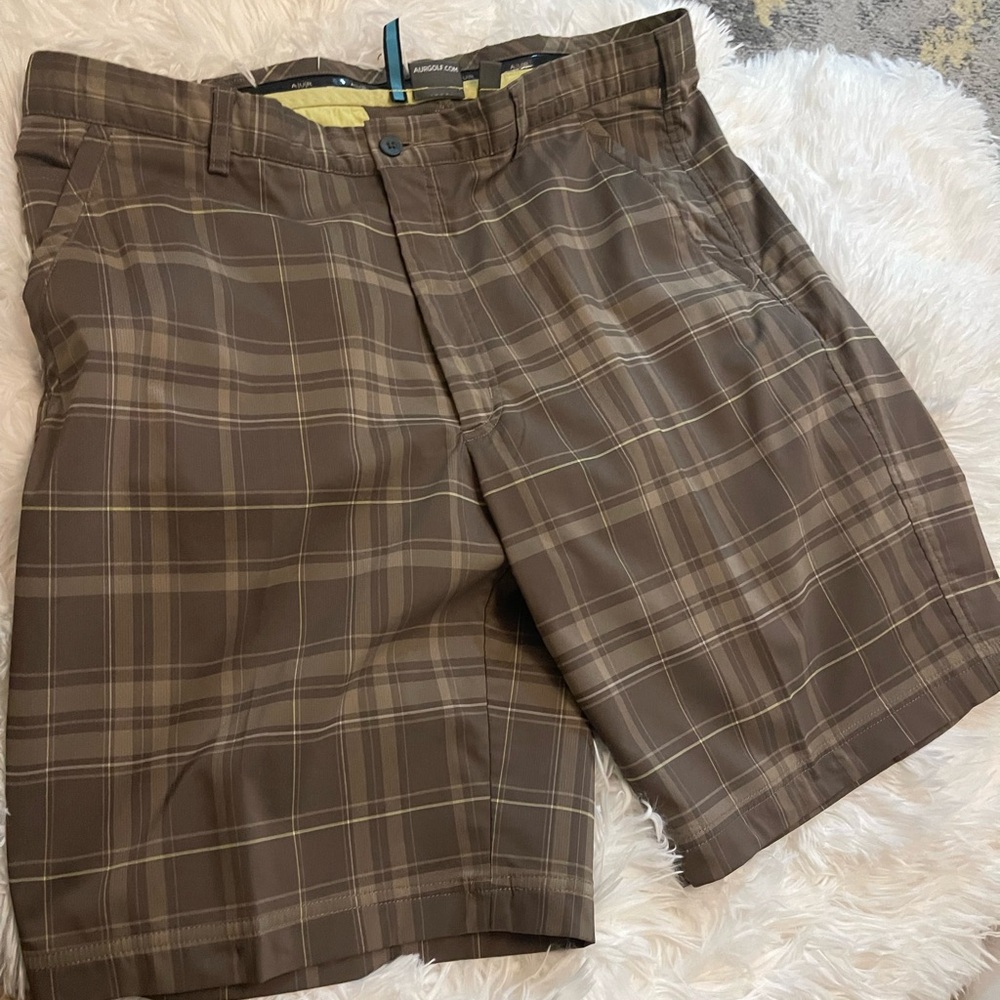 AURGOLF Brown  Flat Front Casual plaid Golf Shorts size 38 waist Mens